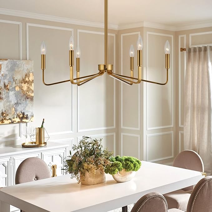 Jonsi Gold Chandelier - 26" Modern Brushed Brass Chandelier Light Fixture 6 Light Industrial Candle Lighting Hanging Ceiling for Living Dining Room, Kitchen Island