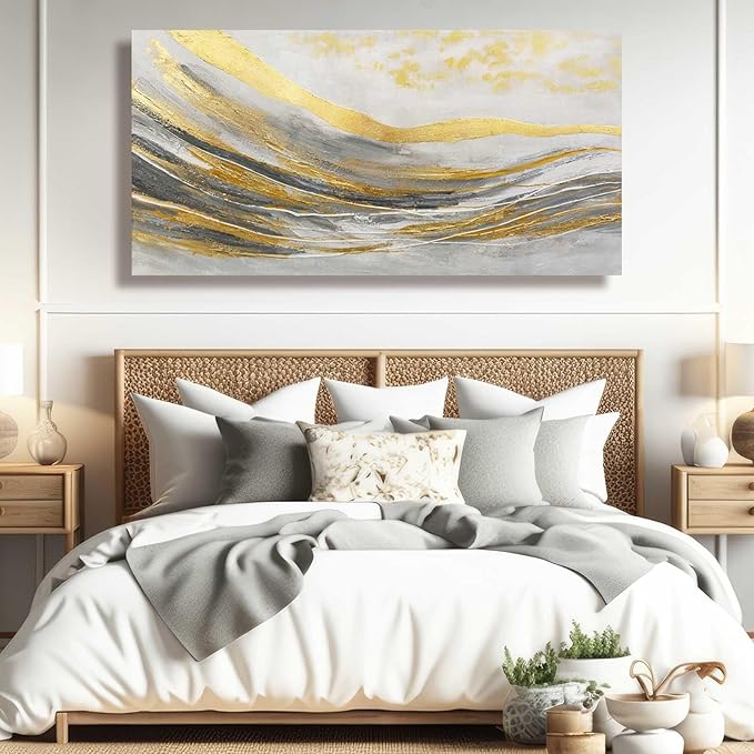 Abstract Wall Decorations Line Wall Art Prints Grey and Gold Canvas Wall Pictures 24"x48" Large Artwork for Living Room Office Decor