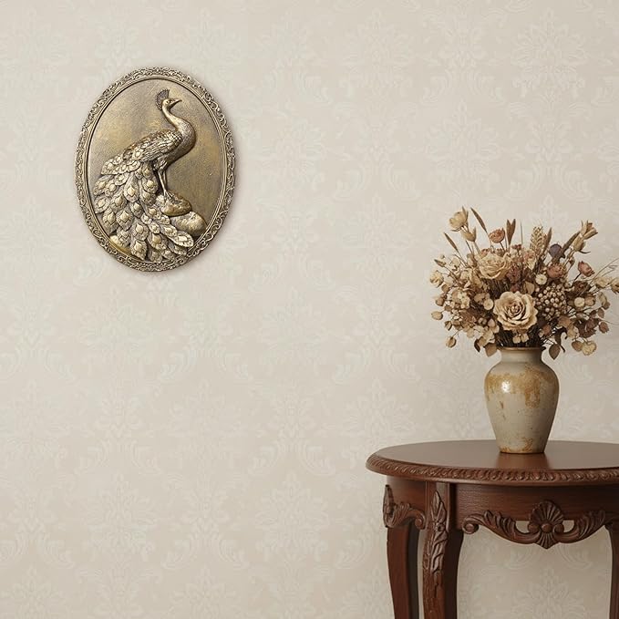 Newinhome Vintage Peacock Wall Sculpture Antique Wall Decor, Hand Painted Wall Decoration with Embossed Peacock Design, Gold Decor for Bedroom Living Room Hallway, Housewarming Gift