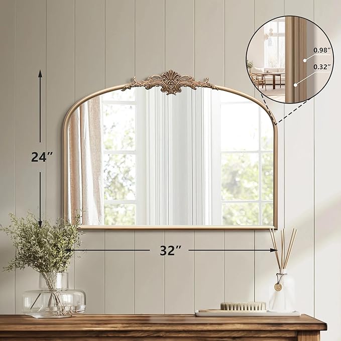 Arched Vintage Gold Mirror: 32"x24" Large Champagne Gold Antique Wall Mounted Mirror - Baroque Traditional Ornate for Fireplace/Bathroom/Living Room - Christmas Idea Gifts for Women