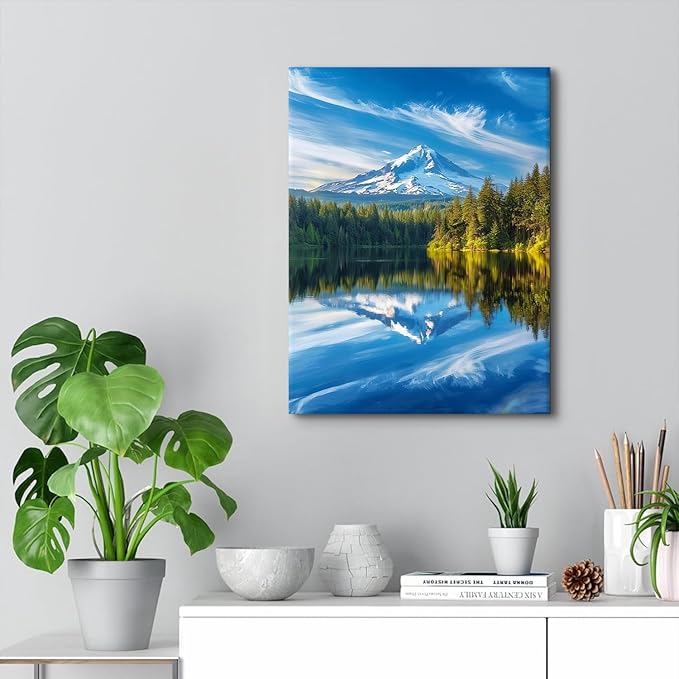 Mountain Wall Art National Park Posters Nature Forest Pictures Blue Lake Reflection Landscape Canvas Prints Mt Hood Mountains Scenery Painting Artwork for Bedroom Living Room Home Decorations 12x16"