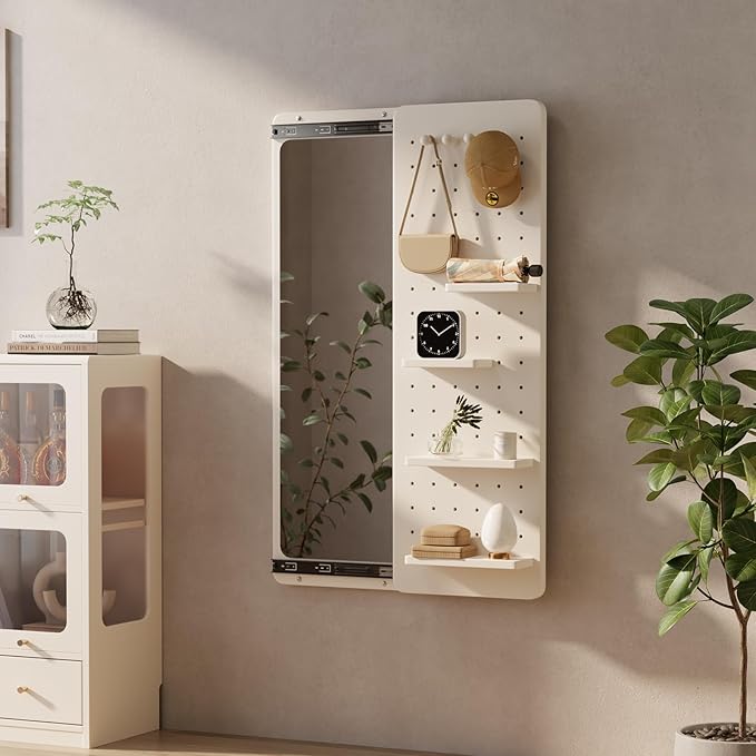 KungFuWood Full Length Mirror with Shelf and Hooks,Entry Way Mirrors for Wall,Wall Mirror with Shelf,Wall Mirror with Storage Multifunctional Design Panel,Living Room