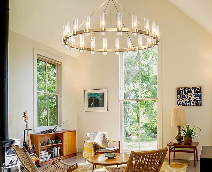 60" Gold Wagon Wheel Chandelier, Large 20-Light Farmhouse Round Pendant Light Fixture with Glass Shade, Hanging High Ceilings Chandeliers for Dining Room Kitchen Foyer Entryway Living Room