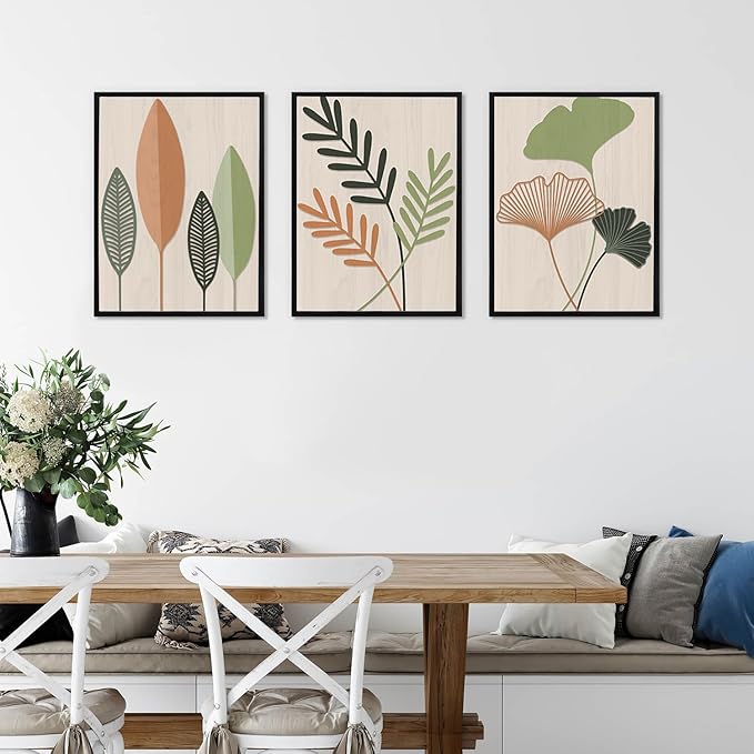 LHIUEM Framed Botanical Wall Art Leaf Art Pieces Zen Canvas Wall Art Set of 3(12”X16”) Boho Bedroom Wall Decor Sage Green Pictures Unique Plants Prints Colorful Modern Artworks for Living Room Office