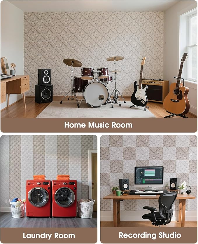 Acoustic Panels Self-Adhesive, 12 Pack Sound Proof Foam Panels for Walls, 12" X 12" X 0.4" High Density Soundproof Wall Panels for Door, Ceiling, Home Office Beige