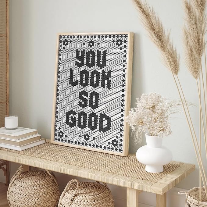 KISSFOX Western You Look So Good OAK Wood Framed Wall Art Farmhouse Geometric Typography Canvas Art Prints Rustic Hexagon Pictures Wall Decor Southwestern Artwork For Bistro Bathroom Bedroom Kitchen