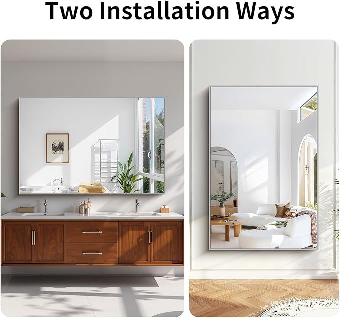 KOCUUY Silver Bathroom Mirror, 60"x40" Large Rectangle Bathroom Mirror for Wall, HD Tempered Glass, Anti-Rust Brushed Silver Frame, Modern Design for Bathroom, Bedroom, Hang Horizontal/Vertical