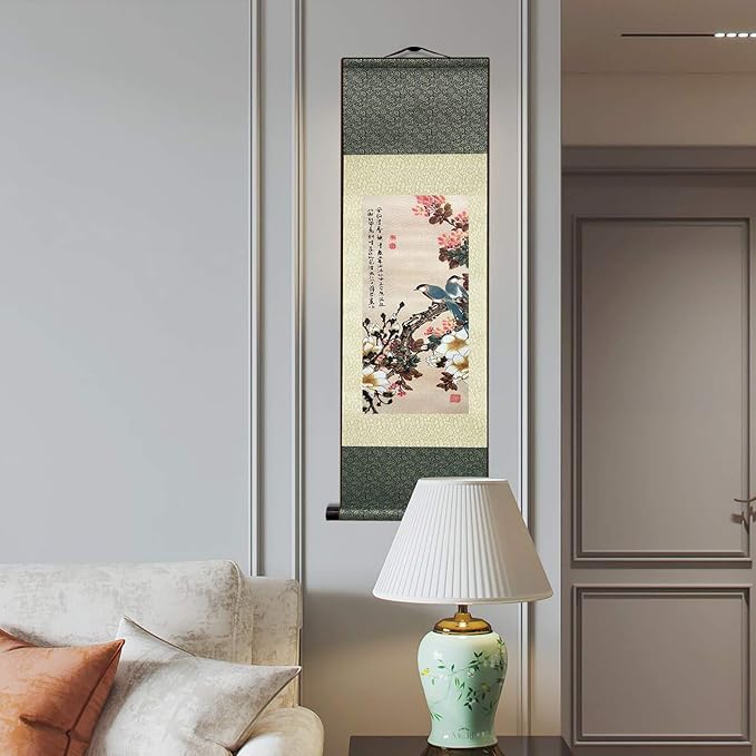 AtfArt Asian Wall Decor Beautiful Silk Scroll Painting Flowers and Birds Oriental Decor Chinese Art Wall Scroll Wall Hanging Painting Scroll (36.2 x 12 in)