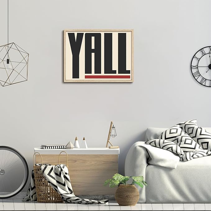 KISSFOX Western Typography OAK Wood Framed Wall Art Farmhouse YALL Means All Canvas Art Prints Rustic Southwestern Pictures Wall Decor Modern Minimalist Artwork For Gallery Bistro Entryway Living Room