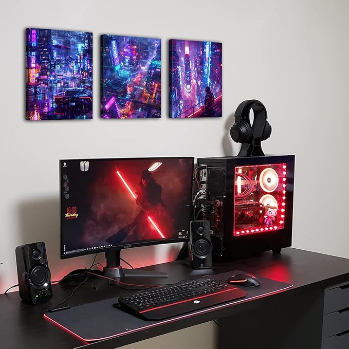 Neon Tokyo City Posters Cyberpunk Decor Anime Wall Art for Boys Bedroom Futuristic Street Pop Purple Night Cityscape Picture Canvas Modern Artwork Living Room Office Playroom Home Decoration 12x16" 3P