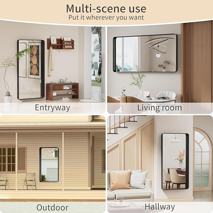 Koonmi Black Bathroom Mirror for Wall, 30x60 Inch Matte Metal Deep Framed Rounded Corner Wall Mirror, Shatterproof Tempered Glass for Farmhouse Bedroom Entryway, Vertically or Horizontally