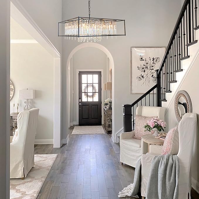 27.5 inch Modern Crystal Chandelier for Dining Room,Black Square Farmhouse Industrial Pendant 8 Lights for Kitchen Island Bar Living Room Hallway Entryway