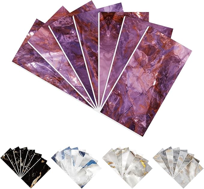 16-Pack Peel and Stick Marble Wall Tiles, Waterproof 4" x 8" Glossy Imitation Fantasy Purple Marble, PVC Shower Wall Panels for Kitchen, Bathroom & Fireplace