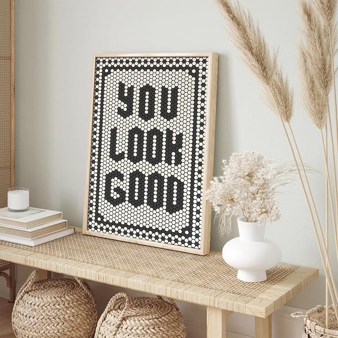 KISSFOX Western You Look Good OAK Wood Framed Wall Art Farmhouse Geometric Typography Canvas Art Prints Rustic Hexagon Pictures Wall Decor Southwestern Artwork For Bistro Bathroom Bedroom Kitchen