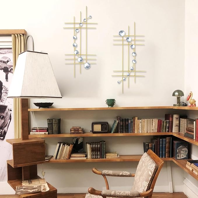 ZEXUIRU 2 Set Bling Metal Wall Art Jeweled crystal Hang wall Decor Rhinestone Diamond Iron Abstract Wall Sculpture Gold