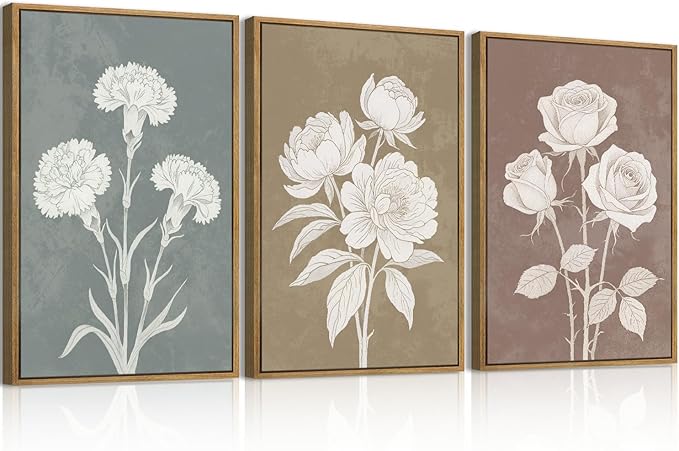 BINCUE Extra Large Neutral Botanical Wall Art Decor Floral Painting Flower Print for Living Room Bedroom Bathroom Dining Room 24" Lx36 W 3 Piece