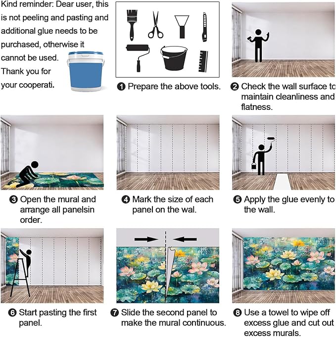 Lotus Flowers Mural Wallpaper, Watercolor Flowers Murals, Modern Simple Wall Art Murals Wallpaper for Living Room Bedroom Home Decor Mural - 78.7" W x 39.27" H (Not Peel Stick)