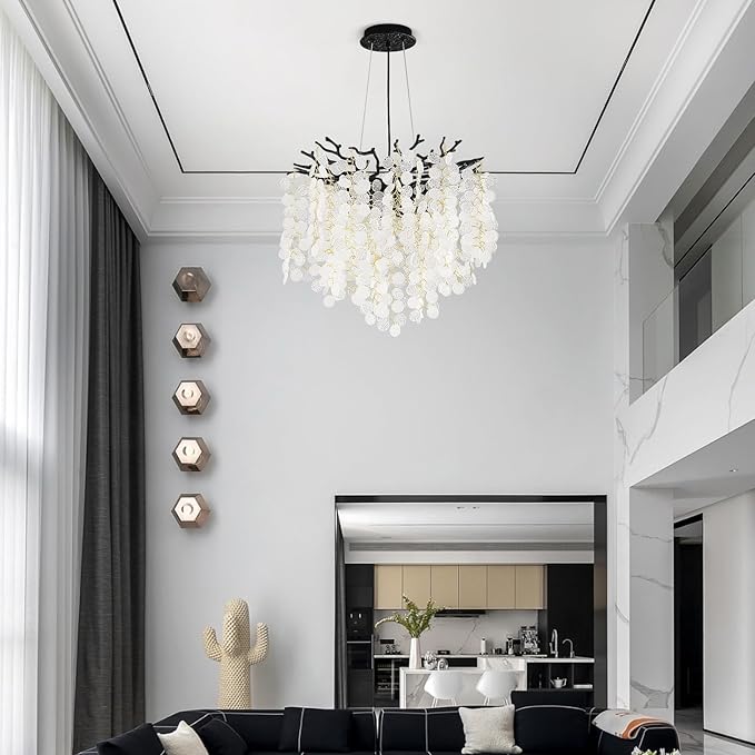 Capiz Shell Chandelier 18-Inch, Black Crystal Tree Branch Chandelier, 6-Light Coastal Light Fixture, Contemporary Entryway Chandeliers, for Dining Room Bedroom Foyer Bathroom