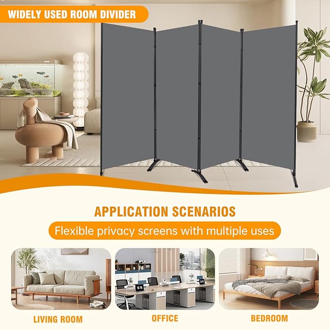 4 Panel Folding Privacy Screens, 6 FT Tall Wall Divider with Metal Frame, Freestanding Room Divider for Office Bedroom Study (4 Panel, Grey)