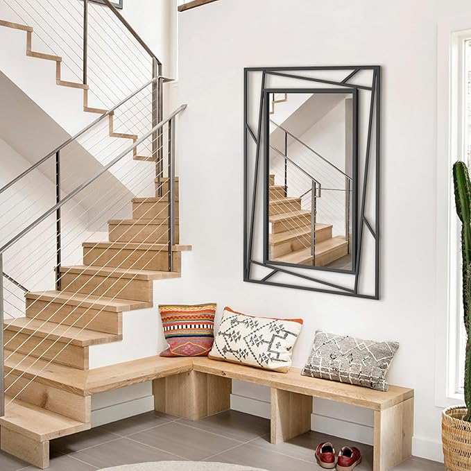 Black Bathroom Mirror for Wall 28''X20'' Matte Black Rectangle Wall Mirror with Geometric Metal Frame, Anti-Rust, Hang Horizontally or Vertically