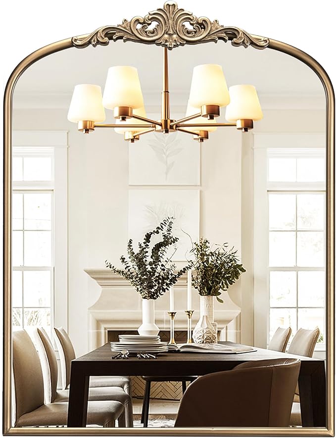 Arched Antique Gold Mirror, 28"x36" Vintage Bathroom Vanity Mirror, Ornate Arched Brass Wall Mirror for Over Sink/Fireplace/Entryway