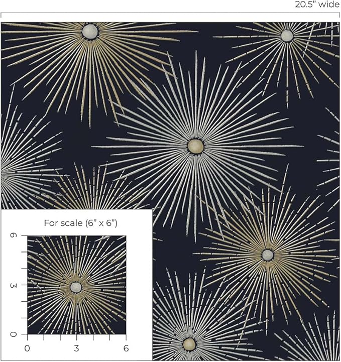 NextWall Star Burst Geo Mid Century Peel and Stick Wallpaper (Midnight Blue & Metallic Gold)