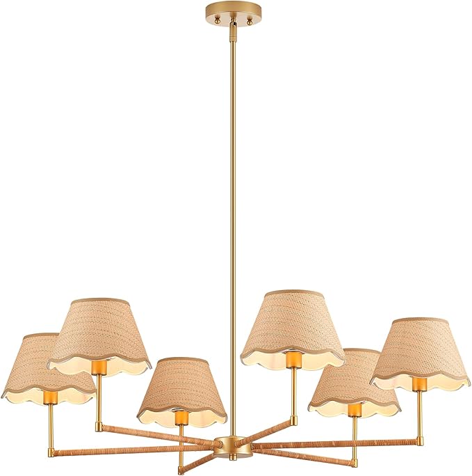 39” Boho Rattan Chandelier 6-Lights Rustic Industrial Pendant Light Large Adjustable Pendant Lighting Fixtures for Kitchen Island Dining Living Room, UL Listed