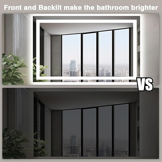 50"x36" Lighted Mirrors for Bathroom Wall, Anti-Fog LED Vanity Mirror, Shatter-Proof, 3 Colors Memory Mirror (Horizontal/Vertical)