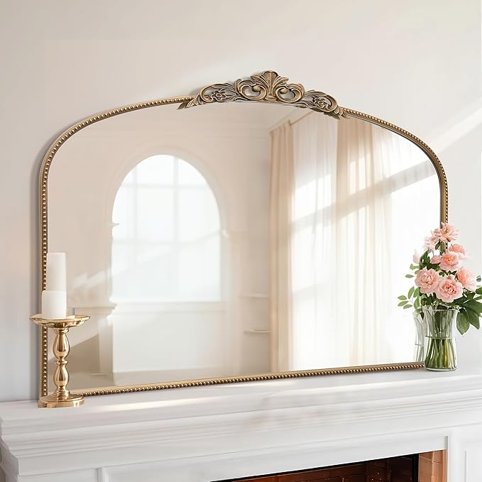 Micasso Large Vintage Gold Mirror: 48"x 33" French Baroque Antique Mirror - Traditional Ornate Decorative Wall Mounted Arched Mirrors for Wall/Mantel/Entryway/Hallway - Home Decor for Living Room