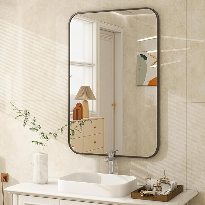 20 x 28 Inch Bathroom Mirror, Rounded Rectangular Vanity Mirror for Wall, Modern Mirror for Room Decor, Black Framed Wall-Mounted Mirrors for Home Decor, Hangs Horizontally or Vertically