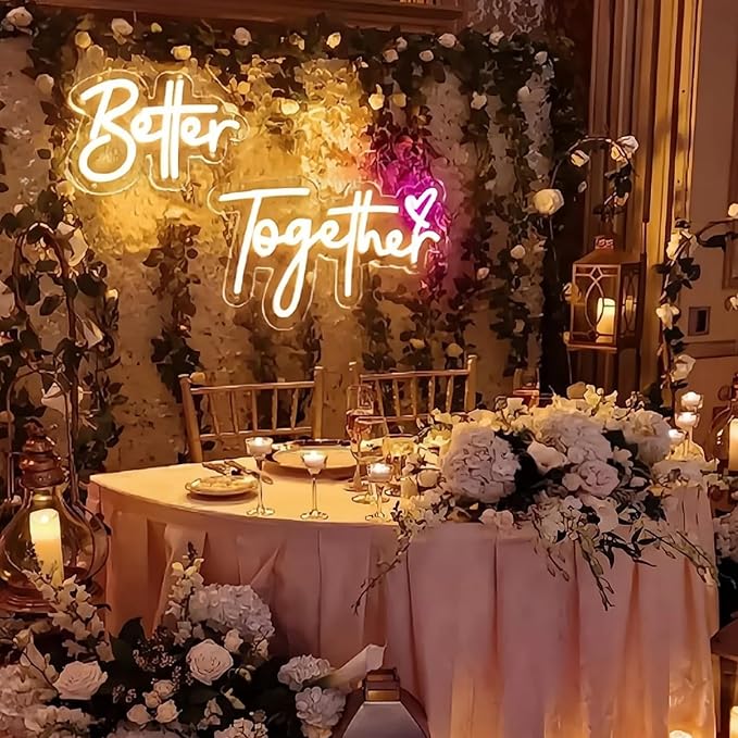 Better Together Neon Sign Wedding Led Sign Neon Wedding Signs Neon Signs for Wall Decor Led Light Sign for Engagement Party, Anniversary, Bridal Shower Backdrop Decorations, 24" x 13"