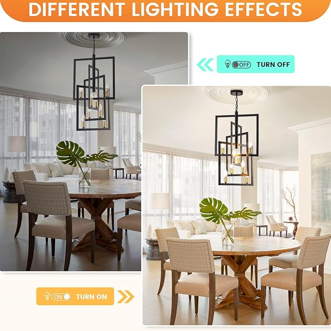 Black and Gold Chandelier, 8-Light Farmhouse Lantern Pendant Light Fixtures, Rustic Industrial Foyer Lighting Fixtures, Large Chandeliers for High Ceilings, for Hallway, Staircase, Entryway