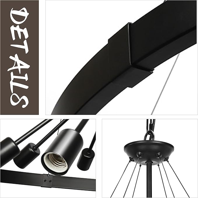 38.2'' Large Black Wagon Wheel Chandelier for Dining Room, 8-Light Country Round Metal Pendant Light Fixtures for Living Room Entryway Foyer Stairs Kitchen Island