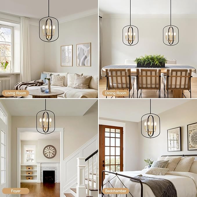 Modern Chandelier for Dining Room, Black and Gold Chandelier Light Fixture, 4-Light Farmhouse Chandelier Lights, Adjustable Rustic Chandeliers for Kitchen Island, Entryway, Foyer, Living Room