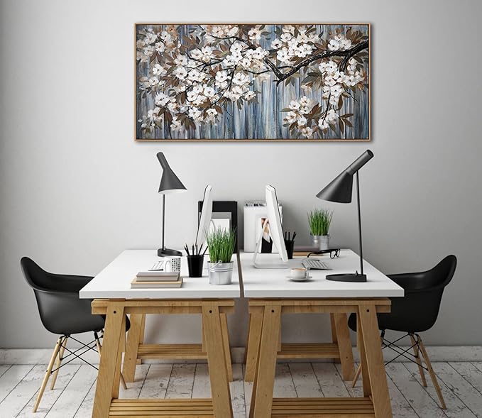 Large Canvas Framed Wall Art White Flowers Modern Canvas Wall Pictures for Living Room, Bedroom Family Wall Decor Decoration, Size 24x48 Wall Art(With Soild Wood Dark Framed)