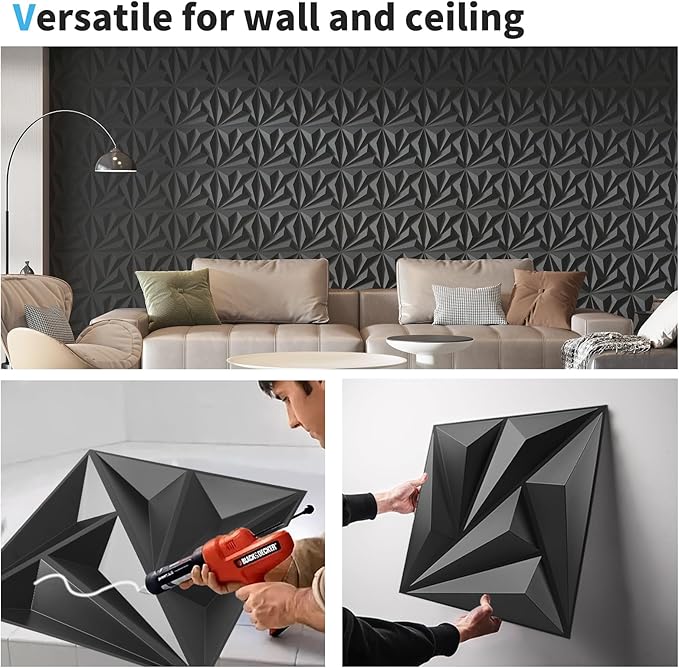Art3d 20 Pack Decorative 3D Wall Panels 11.8 x 11.8 Inch Covering 19 Sq.ft - Glue Up PVC Wall Panels for Interior Décor, Living Room, Office and Home, Black