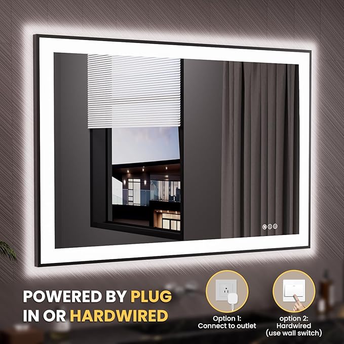 LOAAO 48"X32" LED Bathroom Mirror Black Framed, Anti-Fog, Dimmable, Lighted Bathroom Vanity Mirror for Wall, Memory Function, Tempered Glass