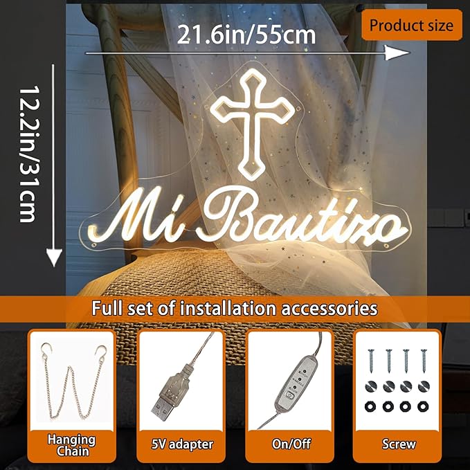 Mi Bautizo Neon Signs for Wall Decor, 21.6*12.2 inches Mi Bautizo Led Neon Light Sign perfect for Baby Birthday Decoration, Baby Shower Party, Room, Bedroom, Garden, Birthday Party, Christmas,, INSNEnN