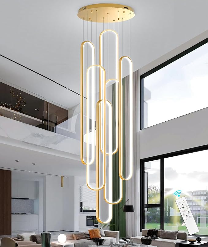 Modern Large Chandelier for Foyer LED Dimmable Black Chandeliers 6 Rings High Ceiling Chandelier for Staircase Living Room Villa