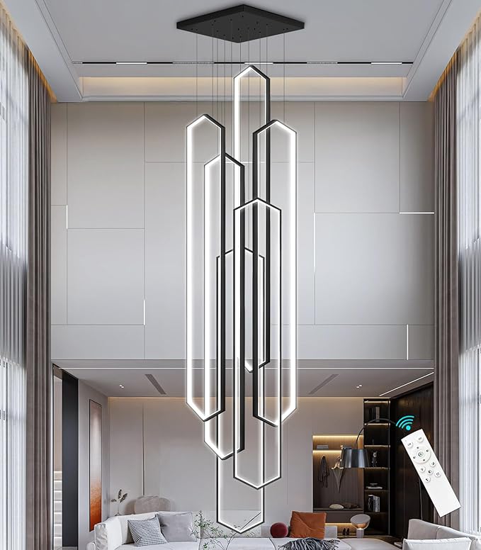 6 Rings Black Modern Large Chandelier Dimmable LED High Ceiling Chandelier for Living Room Foyer Hanging Modern Ceiling Light