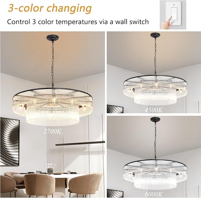 Large Modern Glass Chandelier Lighting Black Glass Chandeliers for High Ceiling Hall Living Room Stairs 12 Light Hanging Ceiling Light Fixture Round 39"