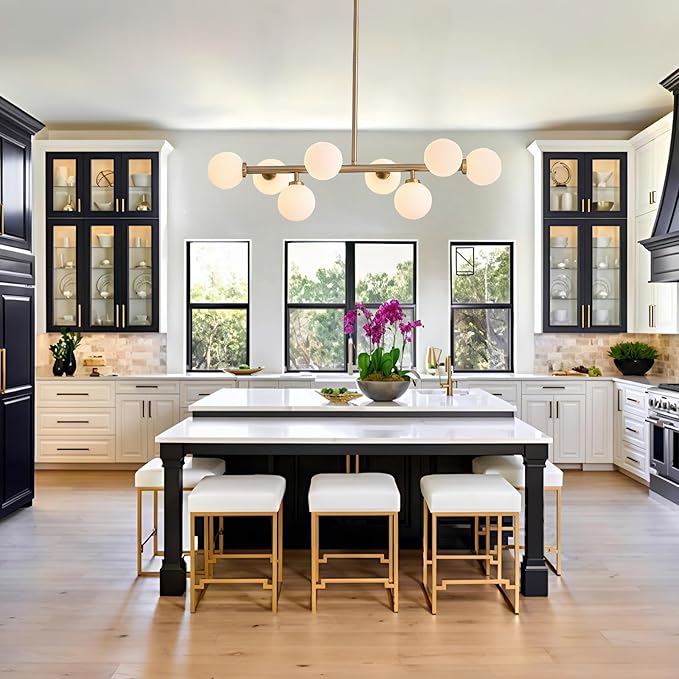 Modern Linear Chandelier, Mid Century Gold Brass Sputnik Pendant Light with White Glass Lampshade,8 Lights Globe Rectangle Chandelier,for Dining Room Kitchen L31.4 xW10.6