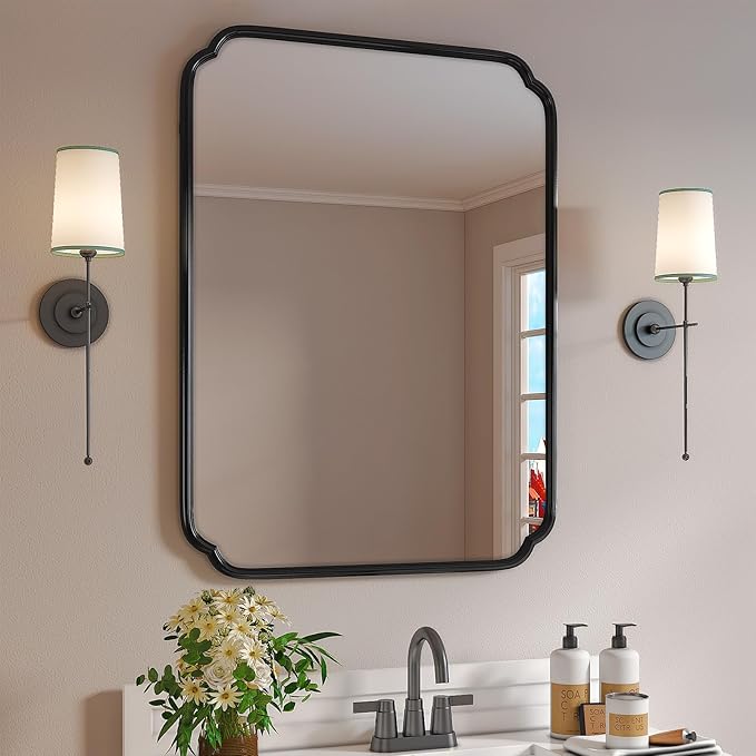 Matte Black Bathroom Vanity Mirror for Over Sink 30" x 40" Modern Rounded Corner Rectangle Wall Mirror Decorative with Non-Rusting Iron Metal Framed (Horizontal/Vertical)