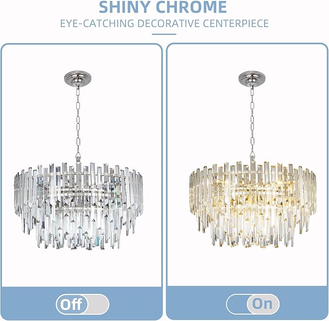 24" Modern Crystal Chandelier, 3-Tier Chrome Pendant Light with 8 Lights, Luxury K9 Crystal Ceiling Fixture for Dining Room Living Room Foyer