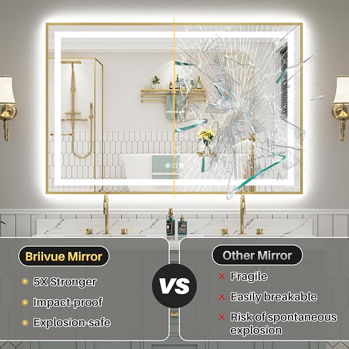 66x36 Inch LED Bathroom Mirror with Gold Frame, Backlit & Front Lit, Anti-Fog Lighted Bathroom Vanity Mirror for Wall, Memory Function, Dimmable, HD Tempered Glass, Shatter-Proof