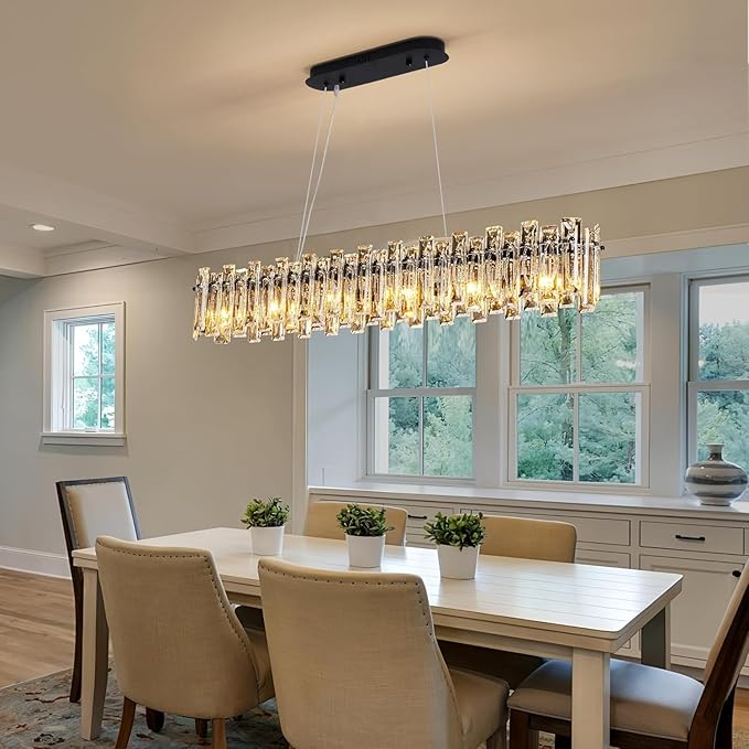 Modern Luxury Rectangular K9 Crystal Chandelier for Dining Room Living Room Kitchen Island Entryway Foyer L43 Easy Install Adjustable Hight 6-Light Ceiling Hanging Light Fixture Black