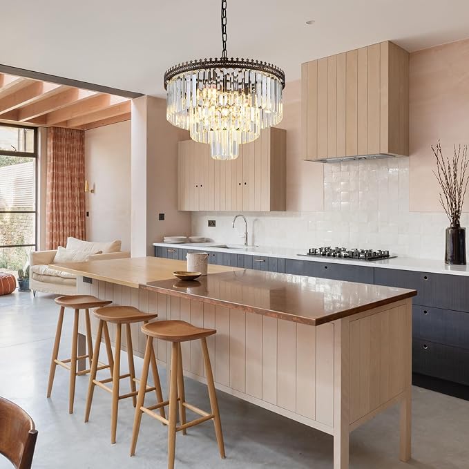 6-Light Crystal Chandelier, 3-Tier Modern Chandelier for Dining Room, Farmhouse Round Crystal Hanging Light Fixture for Foyer Living Room Entryway Bedroom