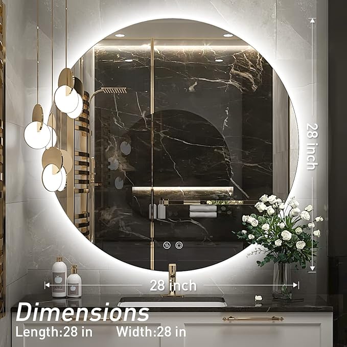 28 Inch Round LED Bathroom Mirror - 6000K Daylight Backlit, Anti-Fog & Dimmable, Frameless Waterproof Mirror with Touch Control, CRI90+, IP54 for Vanity & Makeup