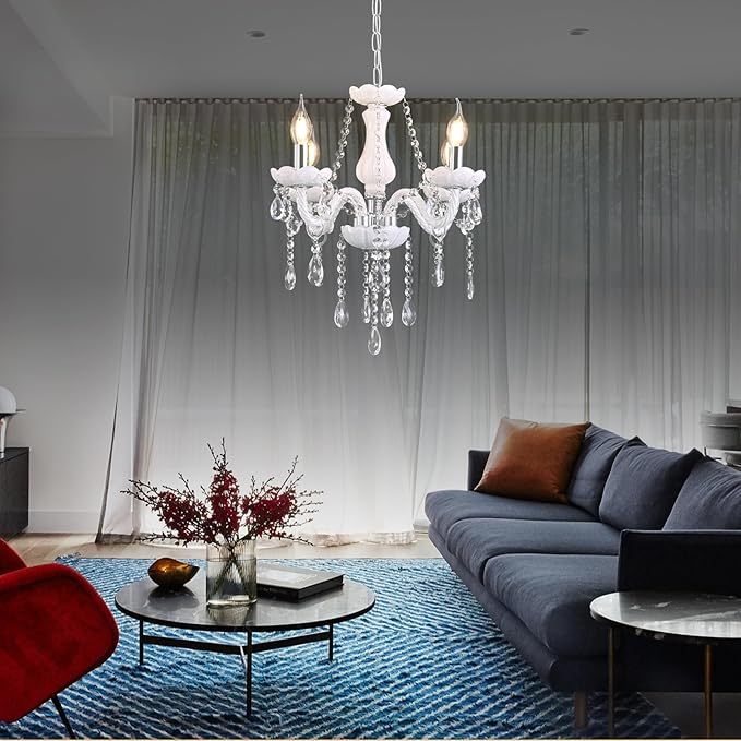 MALOSA 4 Light White Crystal Chandelier,Small Chandelier,Morden Mini Chandelier for Bedroom,Dining Room,Wedding Decoration,Girls Room.