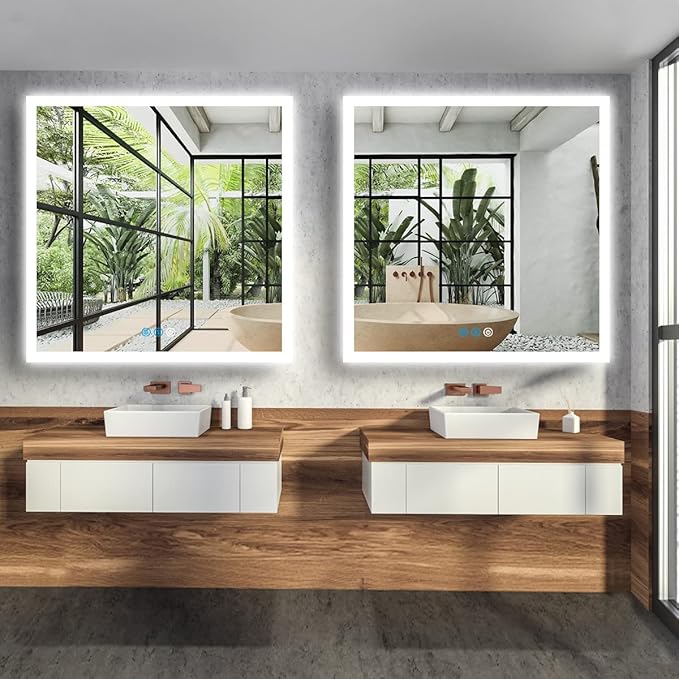 36 x 36 Inch Square Backlit LED Bathroom Mirror Anti-Fog 3 Color Adjustable Brightness Backlit Frameless Lighted Mirror for Bathroom Wall 36in Square Smart Light up LED Bathroom Mirrors